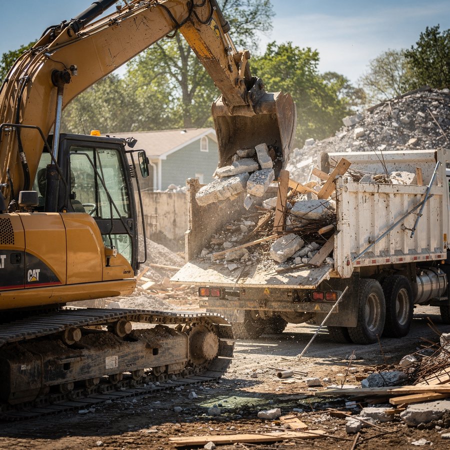 Excavator demolishing a structure on a Houston, TX property
